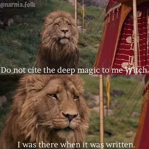 Two panel meme from narnia where the lion says: "Do not cite the deep magic to me Witch.
I was there when it was written."