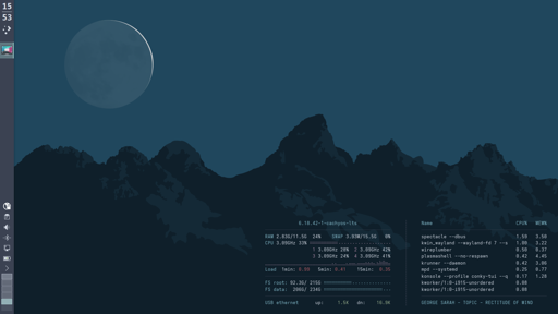 Screenshot of a Plasma desktop with a monospace font conky